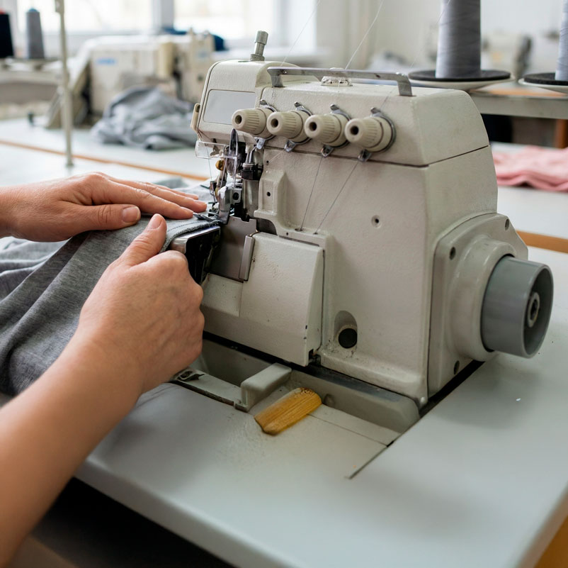 Mujer beneficiaria del programa trabajando en su máquina de coser industrial